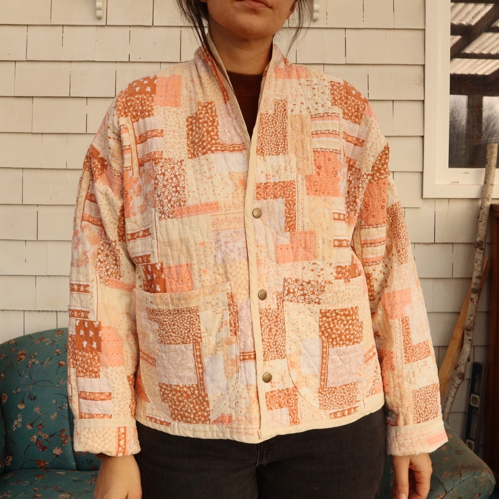 Upcycled Quilted Patchwork Jacket in Orange and Cream Vintage M • L